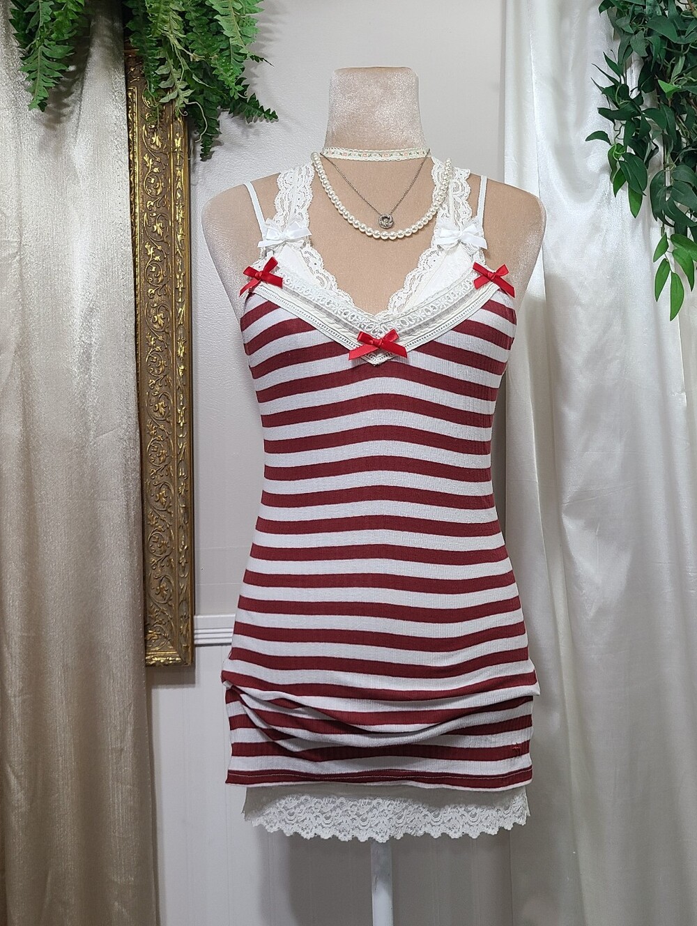 Vintage Abercrombie ♡ Y2K ♡ Red Striped Lace Babydoll Cami Satin Bows Tank Top